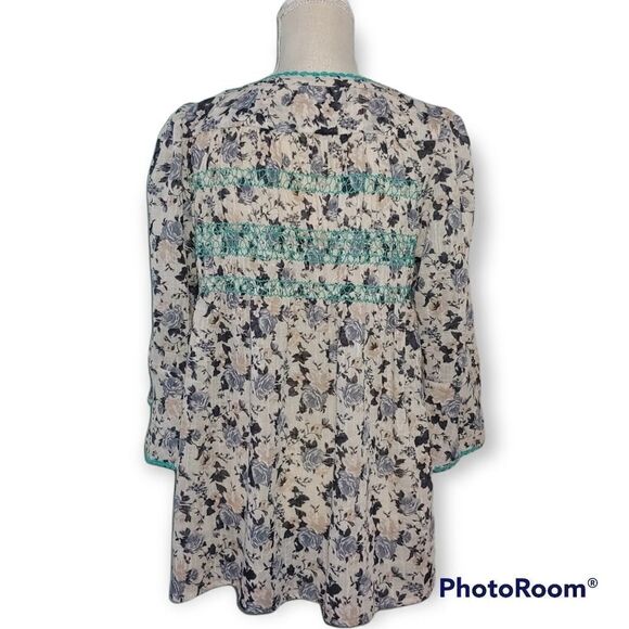 Ivy Jane Cream green floral embroidered ribbon bohemian peasant tunic top - Picture 4 of 6